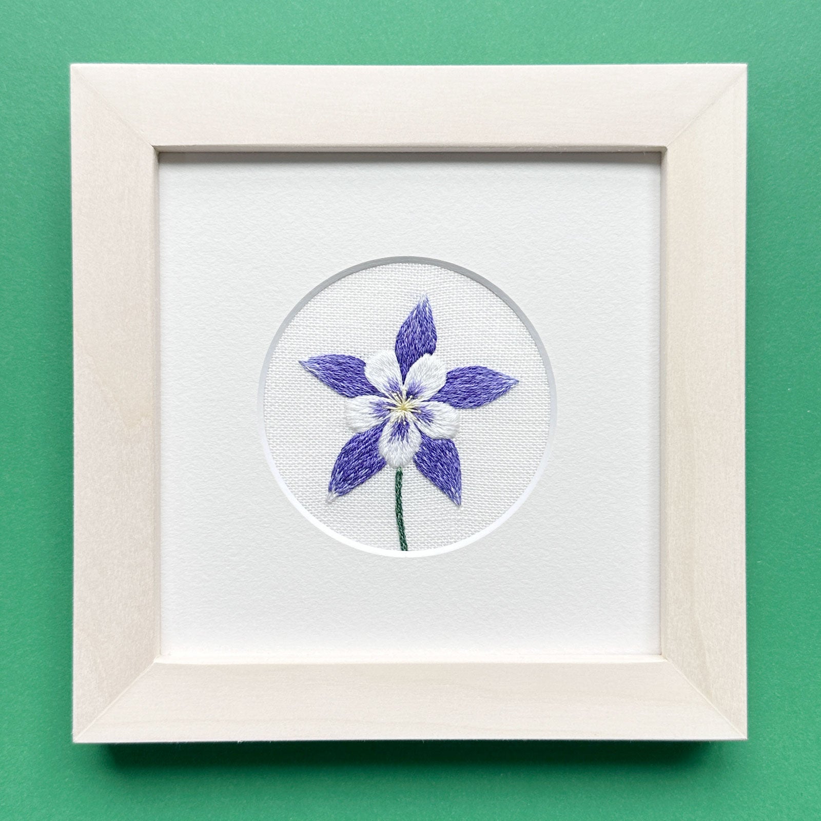 Dark Purple Columbine Flower (2.75") on Cream Linen Hand Embroidered Art