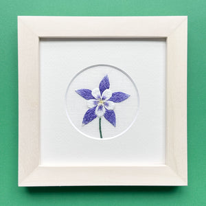 Dark Purple Columbine Flower (2.75") on Cream Linen Hand Embroidered Art