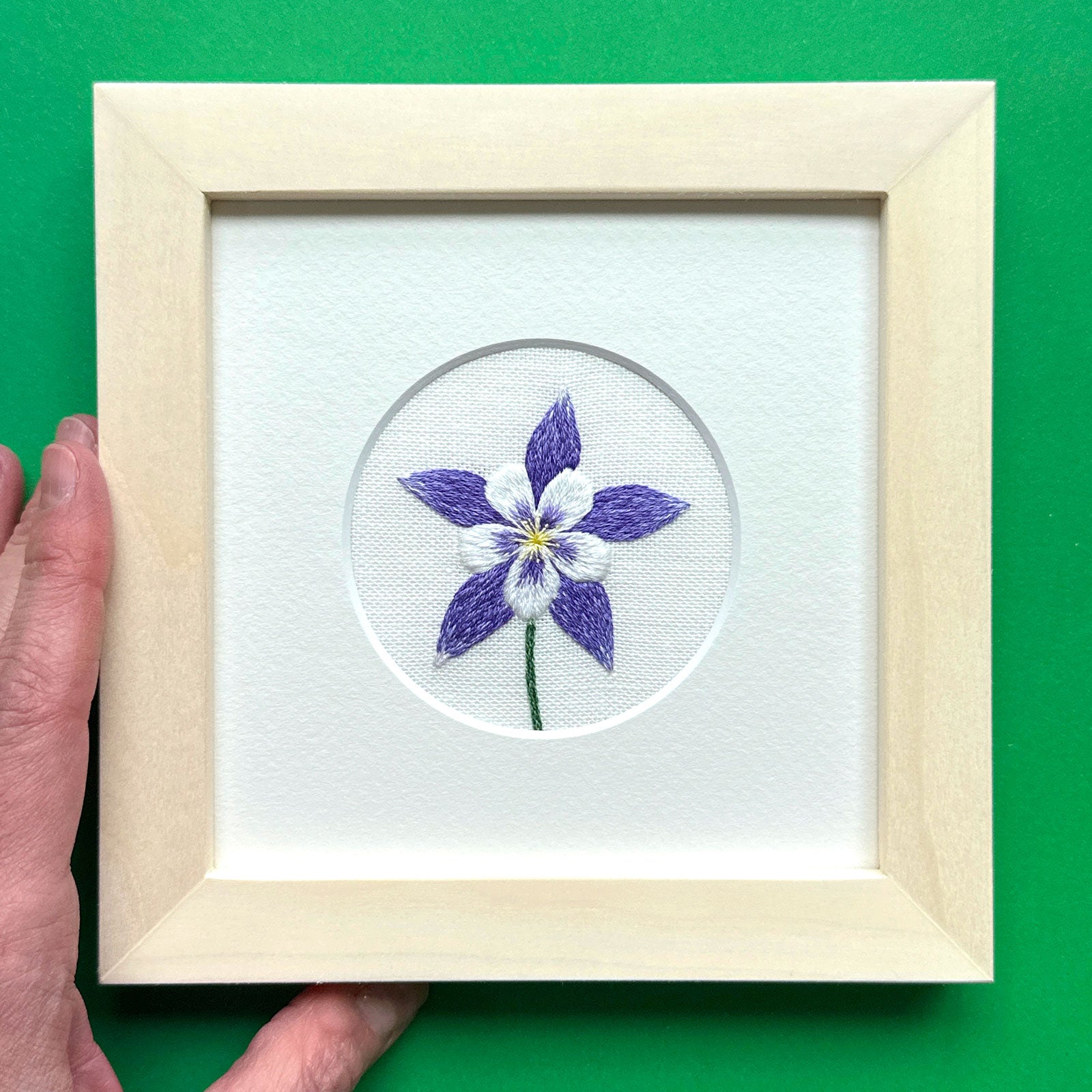 Dark Purple Columbine Flower (2.75") on Cream Linen Hand Embroidered Art