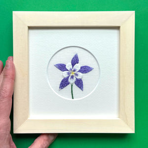 Dark Purple Columbine Flower (2.75") on Cream Linen Hand Embroidered Art