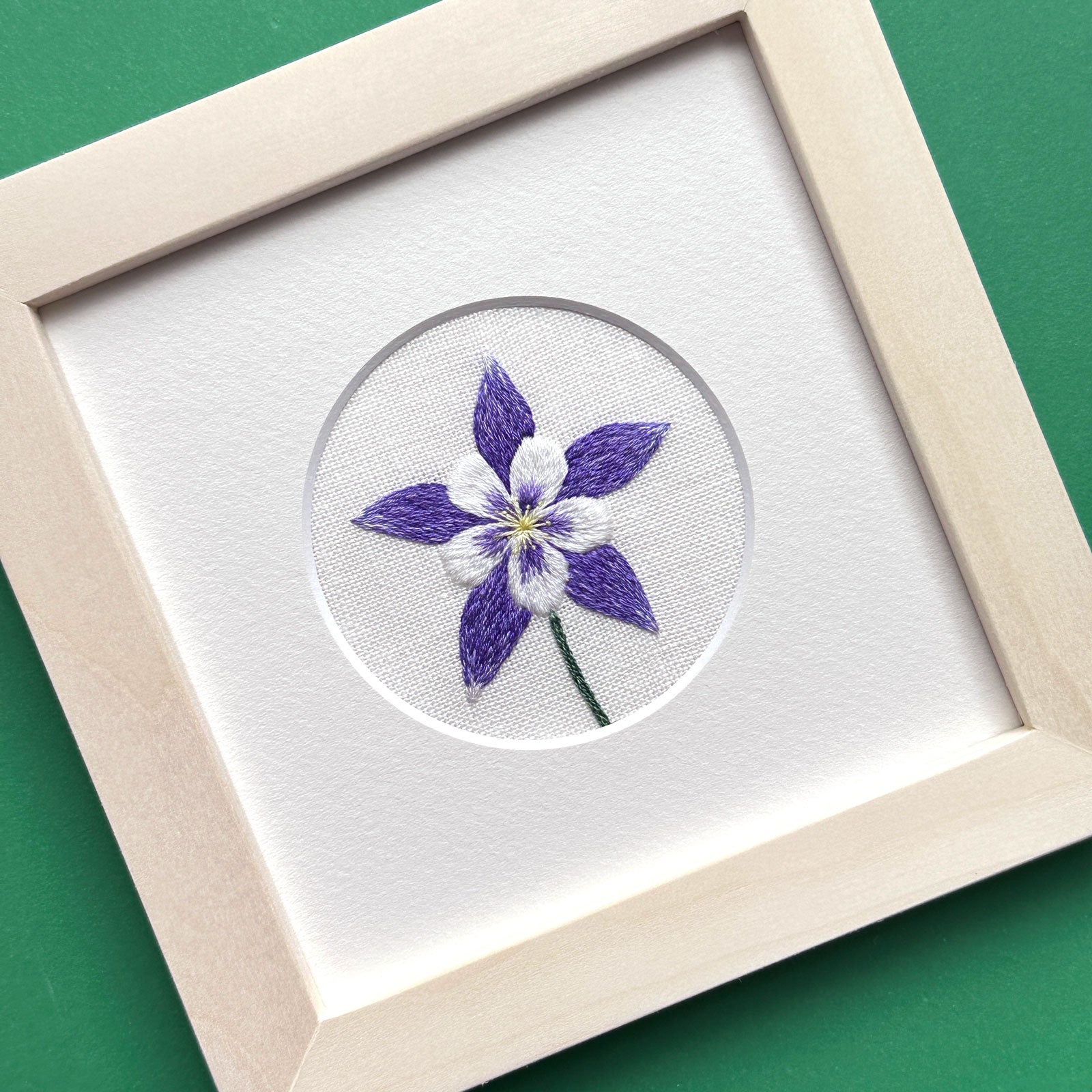 Dark Purple Columbine Flower (2.75") on Cream Linen Hand Embroidered Art