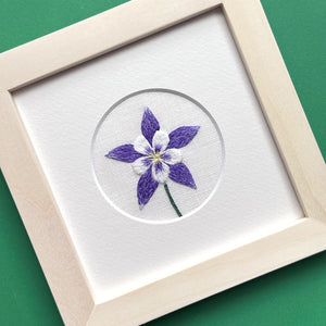 Dark Purple Columbine Flower (2.75") on Cream Linen Hand Embroidered Art