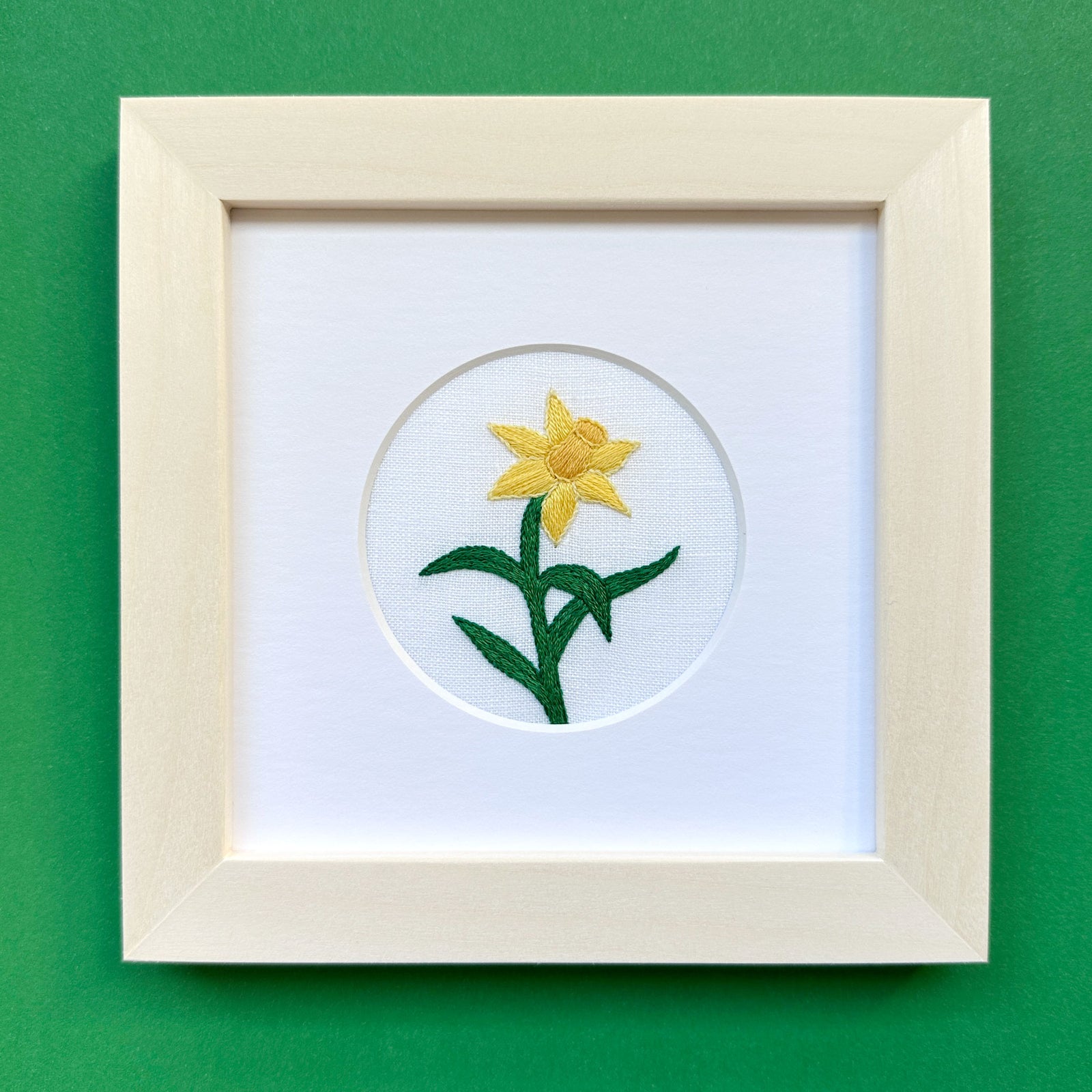 Daffodil Flower on White Linen Hand Embroidered Art