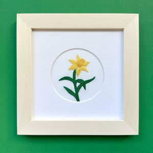 Daffodil Flower on White Linen Hand Embroidered Art