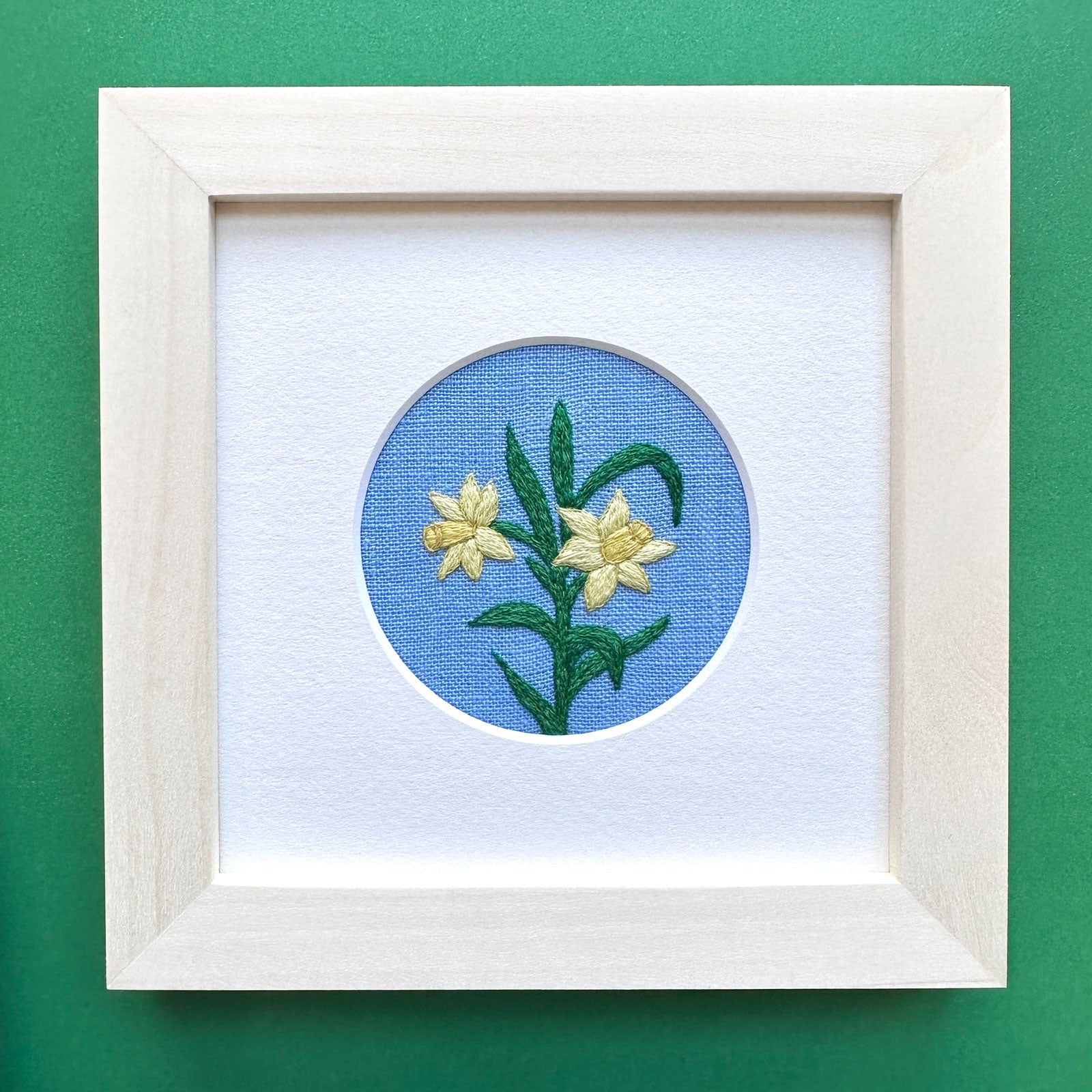 Daffodils (2.75") on Blue Linen Hand Embroidered Art