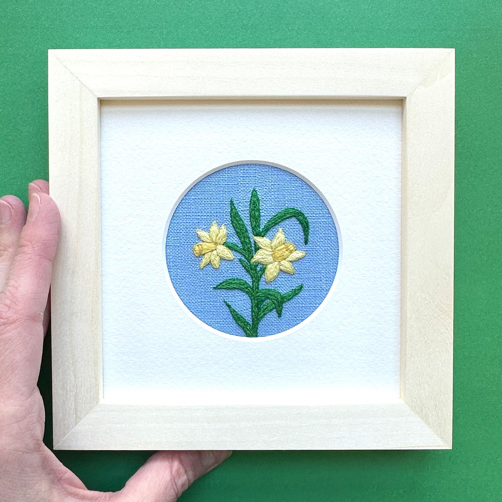 Daffodils (2.75") on Blue Linen Hand Embroidered Art