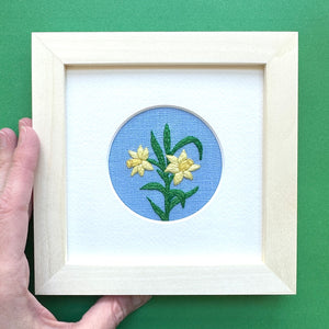 Daffodils (2.75") on Blue Linen Hand Embroidered Art