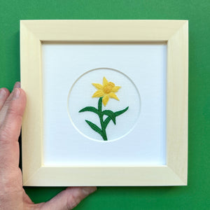 Daffodil Flower on White Linen Hand Embroidered Art
