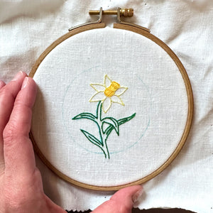 Daffodil Flower on White Linen Hand Embroidered Art