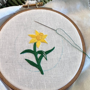Daffodil Flower on White Linen Hand Embroidered Art