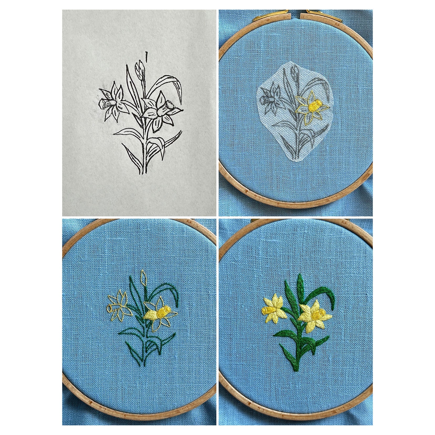 Daffodils (2.75") on Blue Linen Hand Embroidered Art