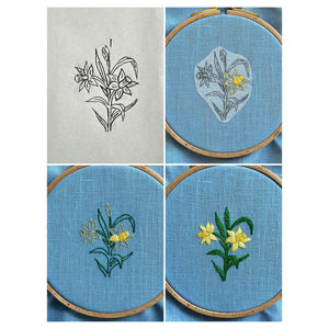 Daffodils (2.75") on Blue Linen Hand Embroidered Art