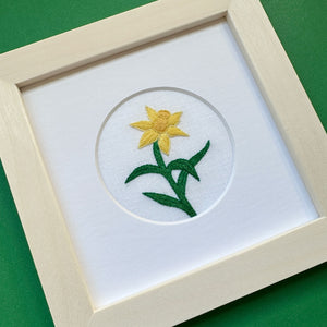 Daffodil Flower on White Linen Hand Embroidered Art