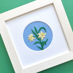 Daffodils (2.75") on Blue Linen Hand Embroidered Art