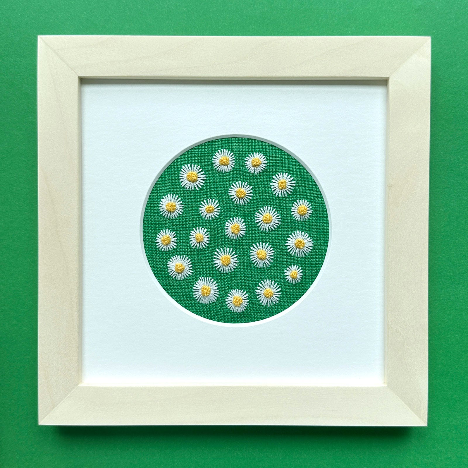 Scattered Daisies (3.5") on Green Linen  Hand Embroidered Art