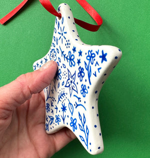 Blue Floral B - Hand Painted Star Ornament