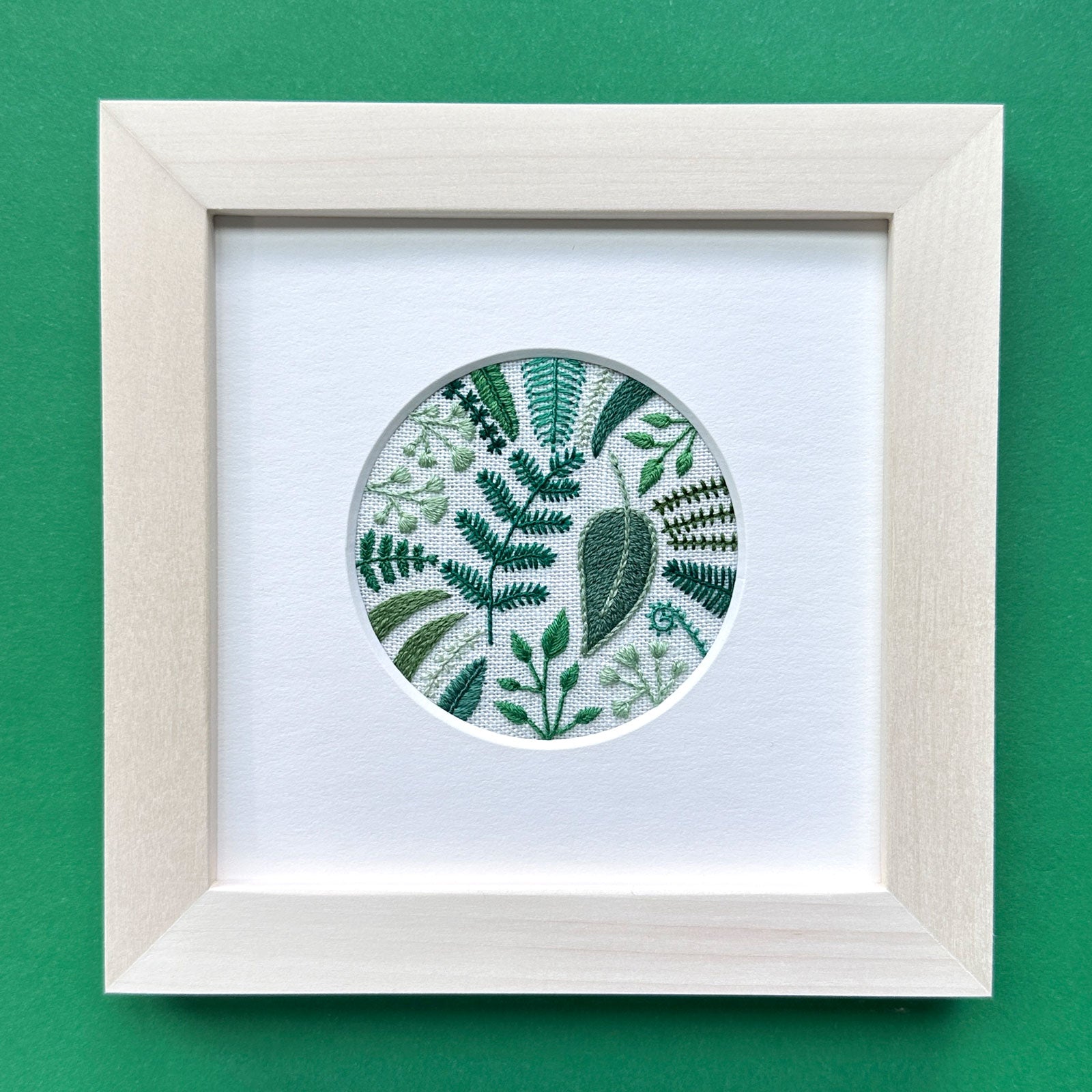 Ferns and Vines (2.75") on Cream Linen Hand Embroidered Art