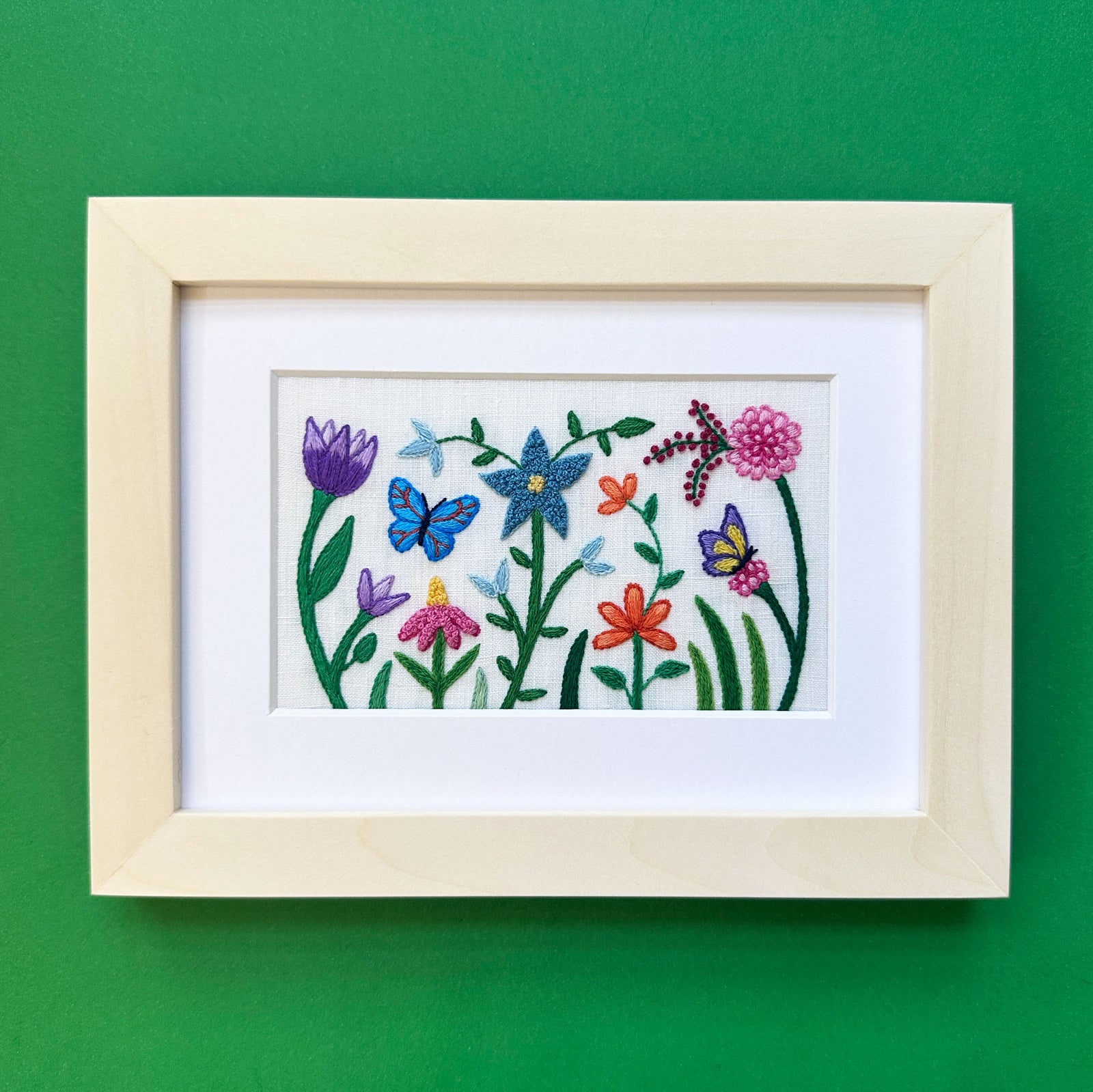 Happy Garden on White Linen Hand Embroidered Art