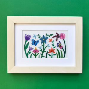 Happy Garden on White Linen Hand Embroidered Art