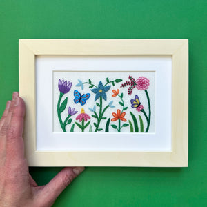 Happy Garden on White Linen Hand Embroidered Art