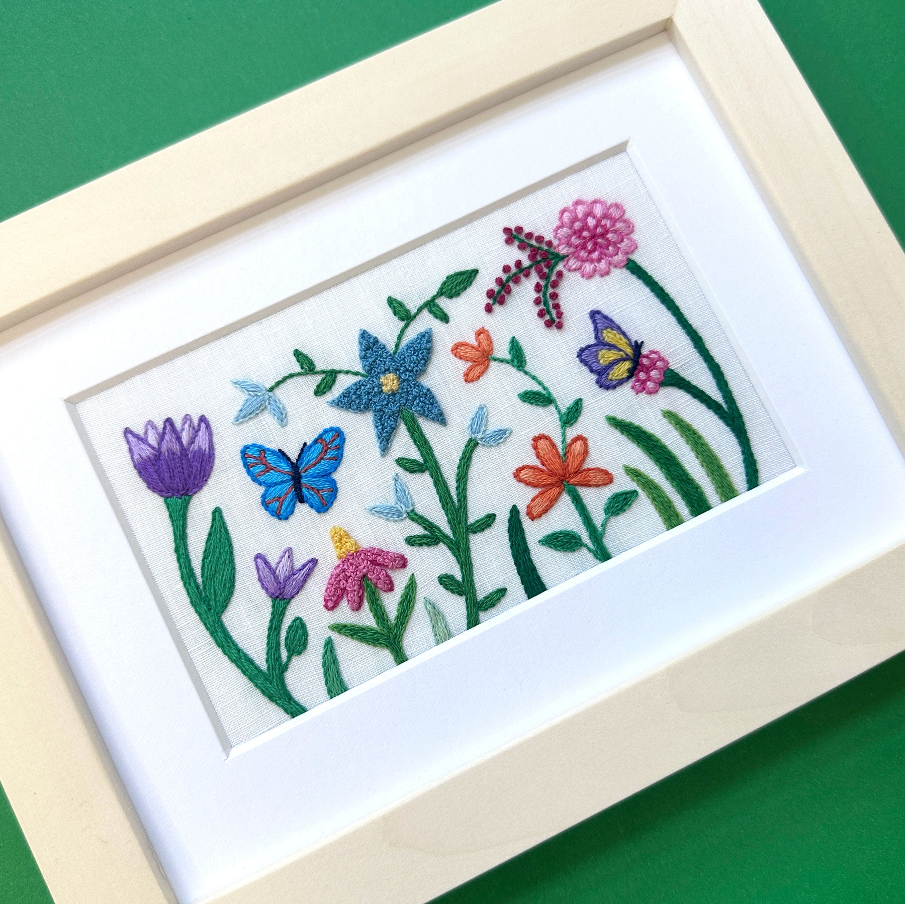 Happy Garden on White Linen Hand Embroidered Art