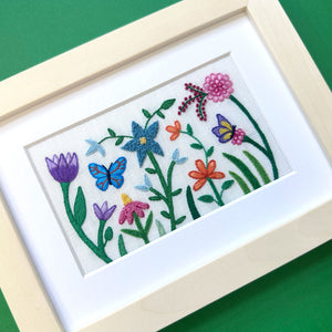 Happy Garden on White Linen Hand Embroidered Art