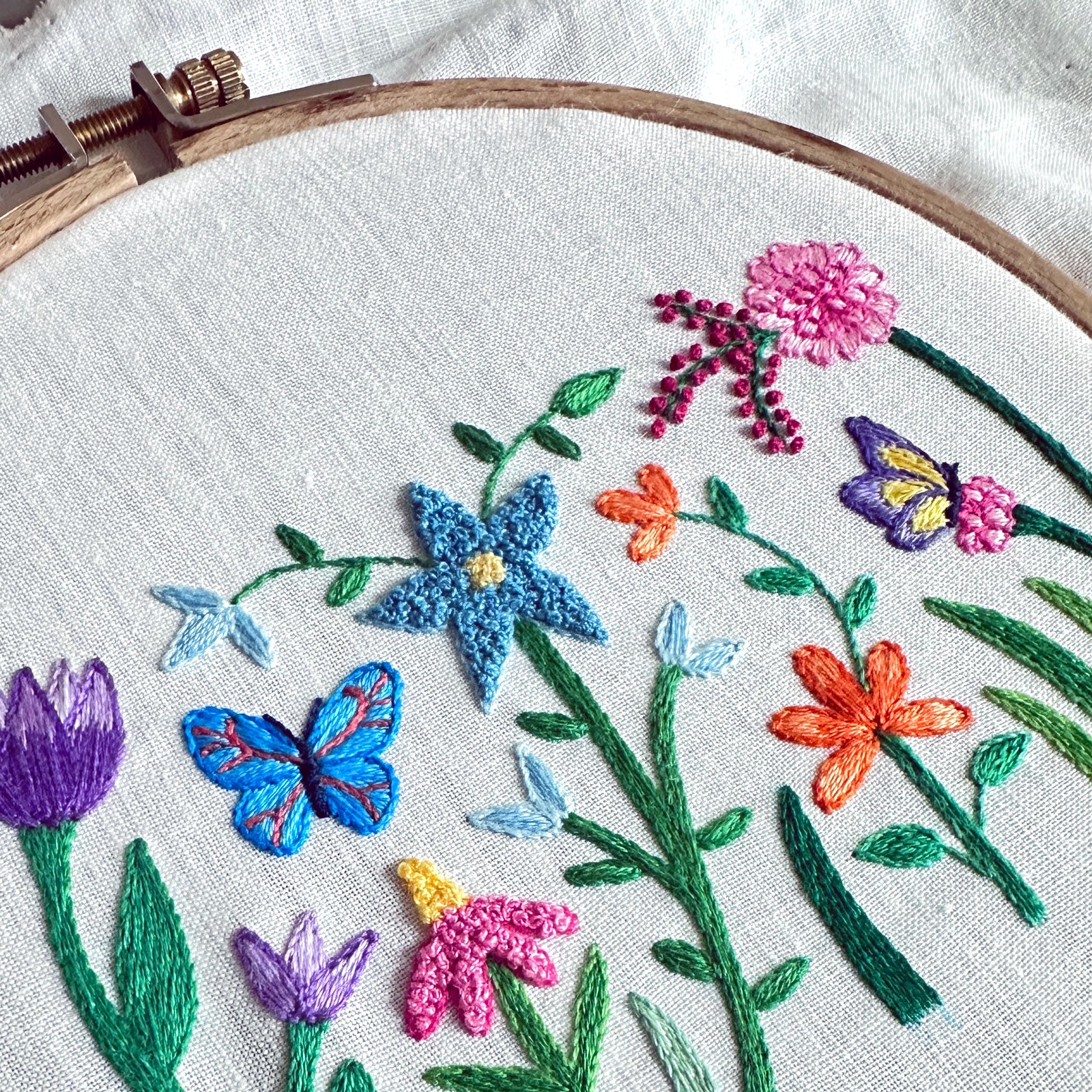 Happy Garden on White Linen Hand Embroidered Art