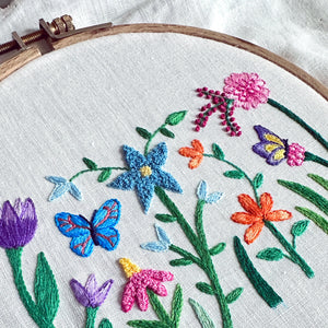 Happy Garden on White Linen Hand Embroidered Art