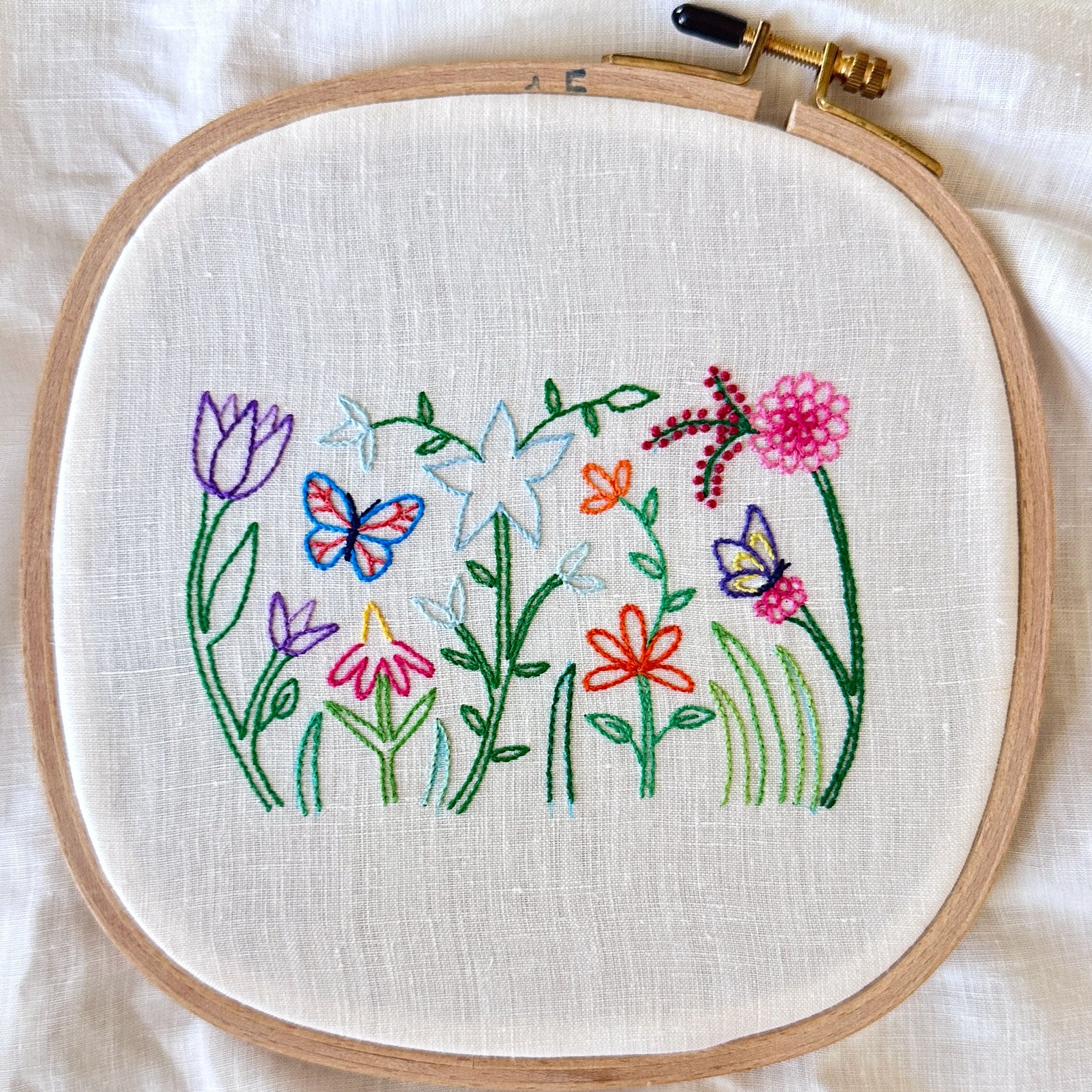Happy Garden on White Linen Hand Embroidered Art