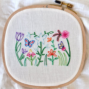 Happy Garden on White Linen Hand Embroidered Art