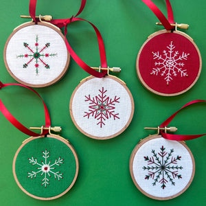 Embroidered Ornament E - White Snowflake on Red Linen