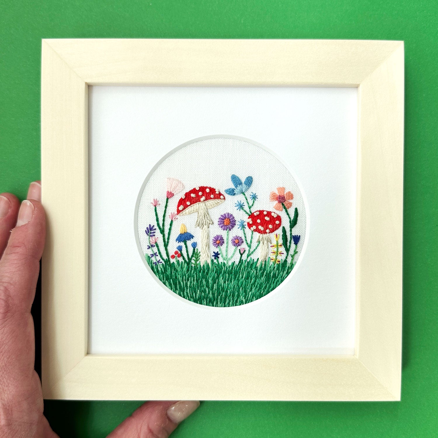 Field of Amanita Mushrooms and Wildflowers (3.00") on White Linen Hand Embroidered Art