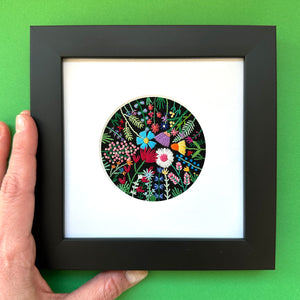 Rainbow Flowers D (2.75" Circle) on Black Linen Hand Embroidered Art