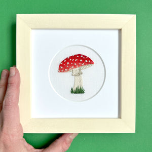 Amanita muscaria Mushroom on White Linen Hand Embroidered Art