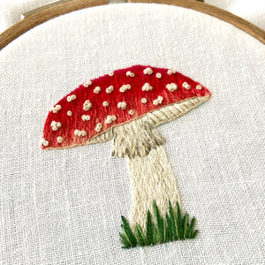 Amanita muscaria Mushroom on White Linen Hand Embroidered Art