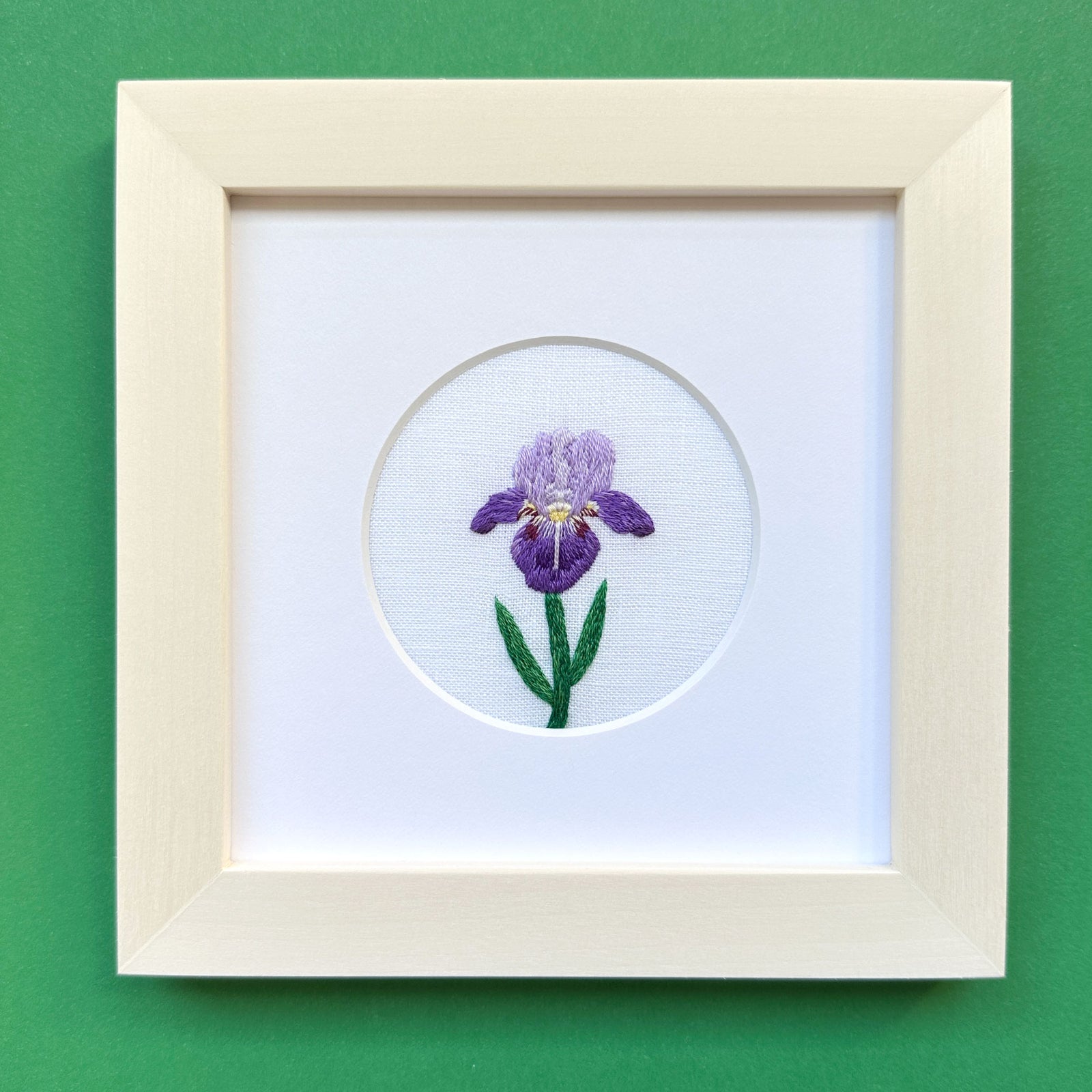 Iris Flower on White Linen Hand Embroidered Art