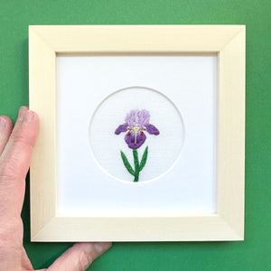 Iris Flower on White Linen Hand Embroidered Art