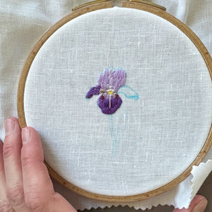 Iris Flower on White Linen Hand Embroidered Art