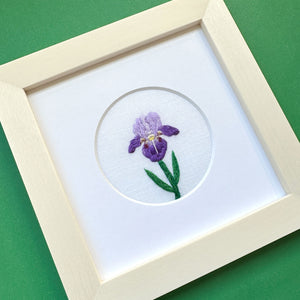 Iris Flower on White Linen Hand Embroidered Art