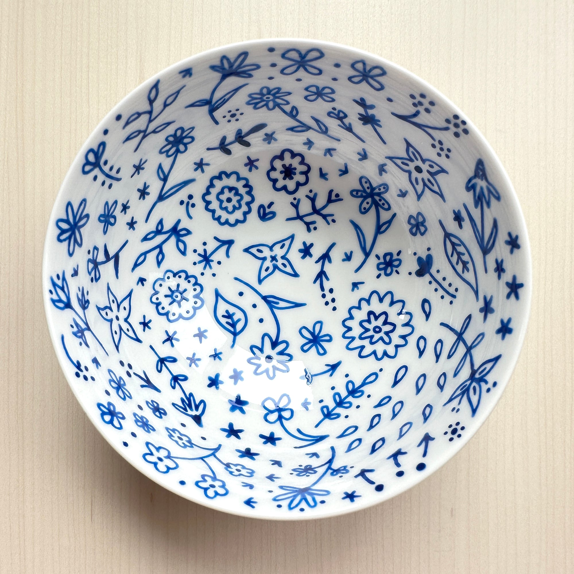 Blue Floral Hand Painted Porcelain Large Bowl