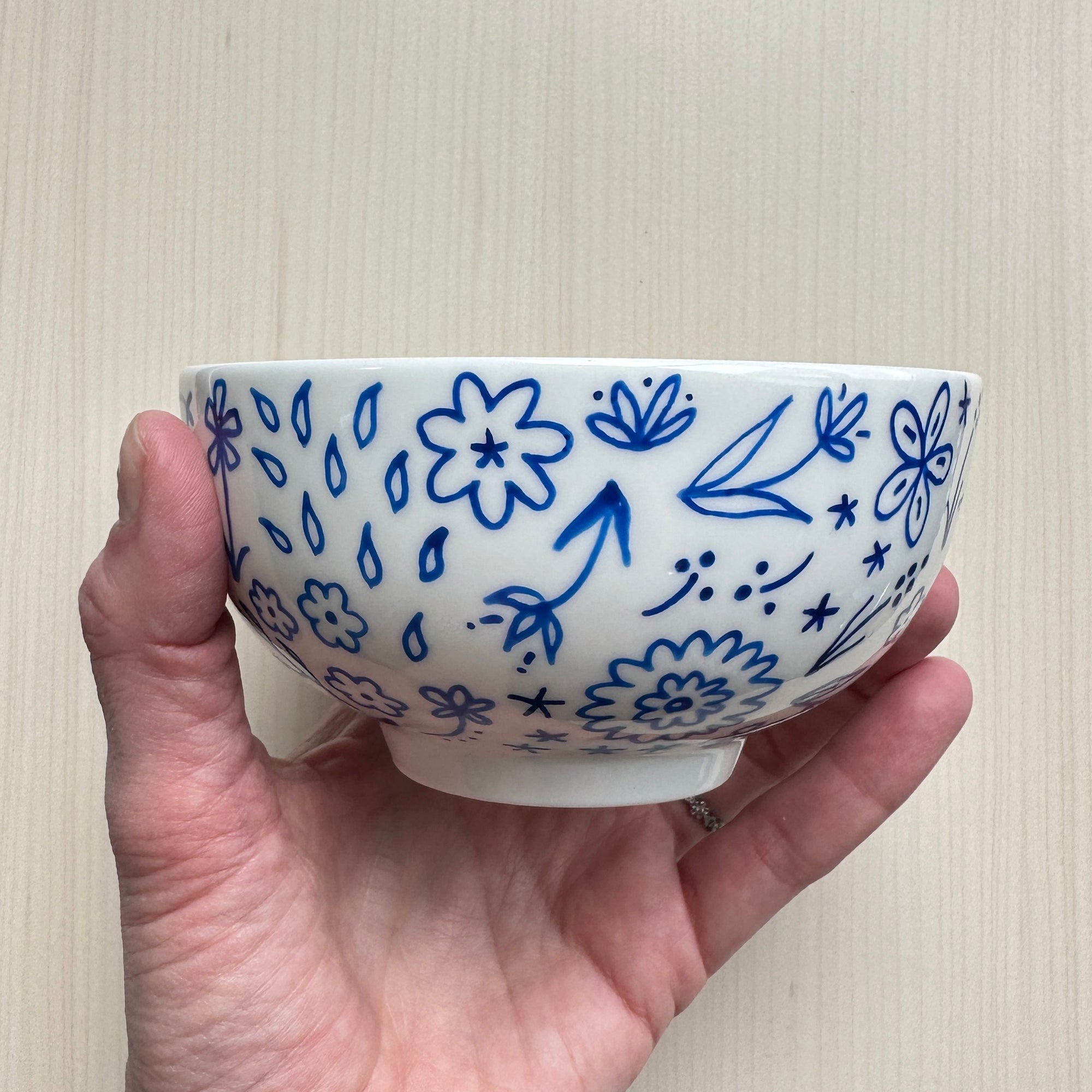 Blue Floral Hand Painted Porcelain Large Bowl