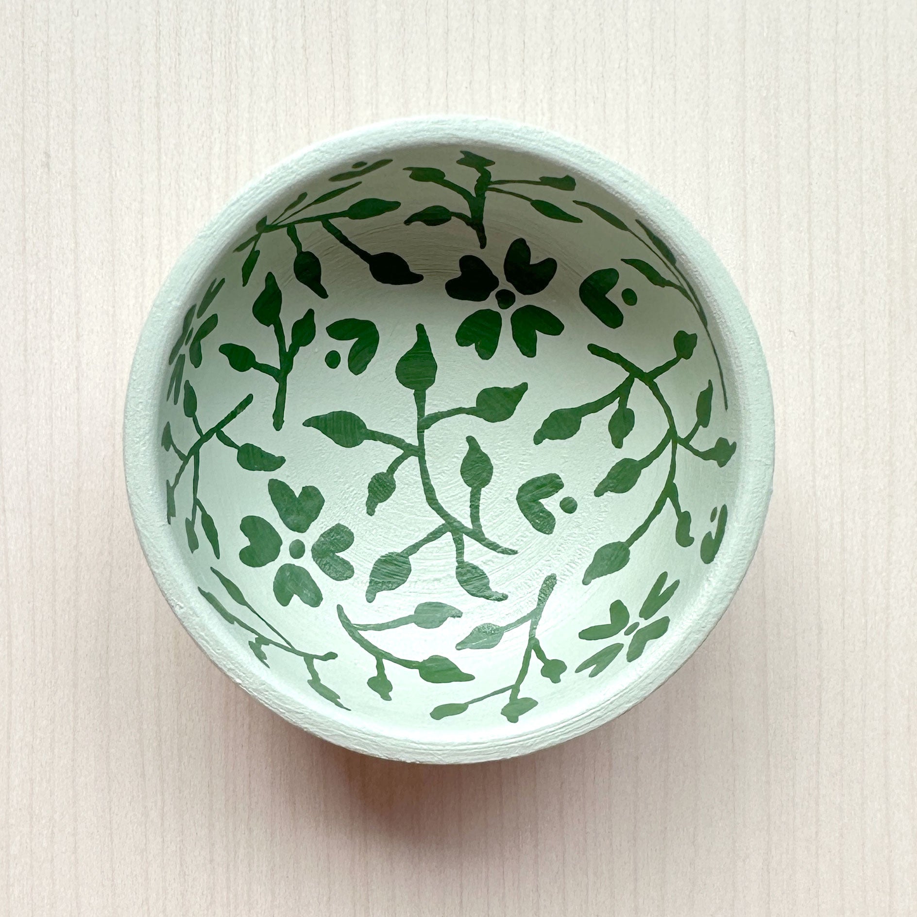 Dark Green Vines on Pale Green - Hand Painted Wood Bowl