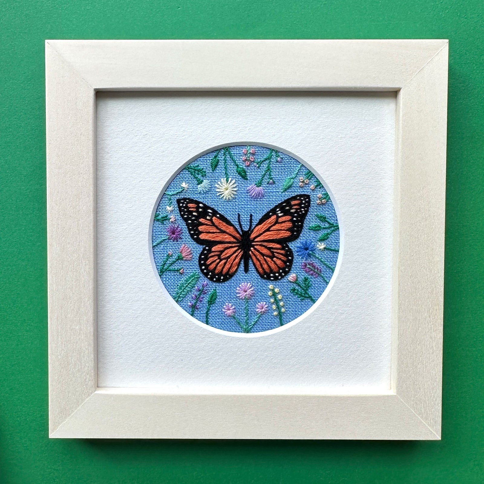 Monarch Butterfly (3.00") on Blue Linen Hand Embroidered Art