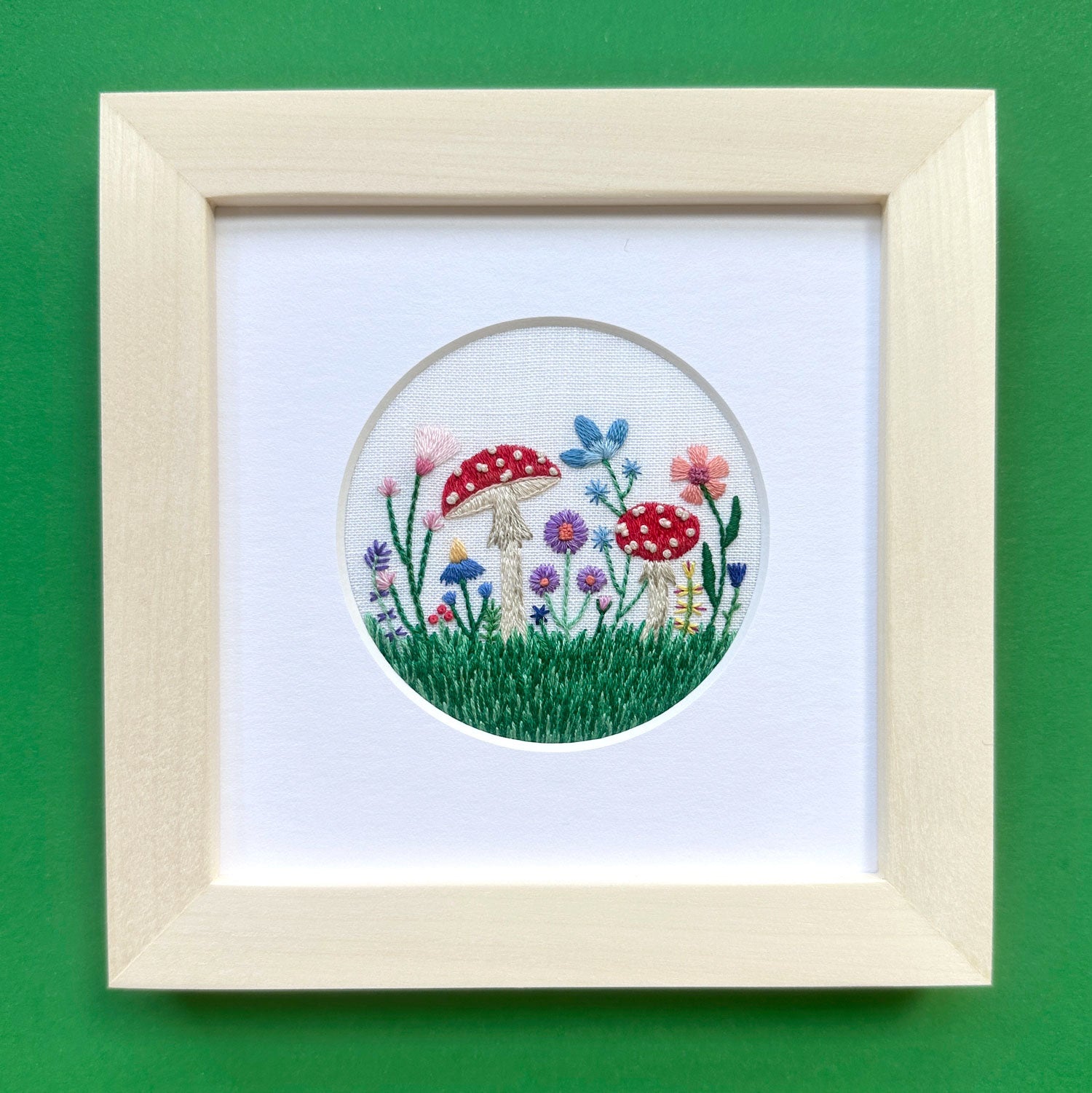 Field of Amanita Mushrooms and Wildflowers (3.00") on White Linen Hand Embroidered Art