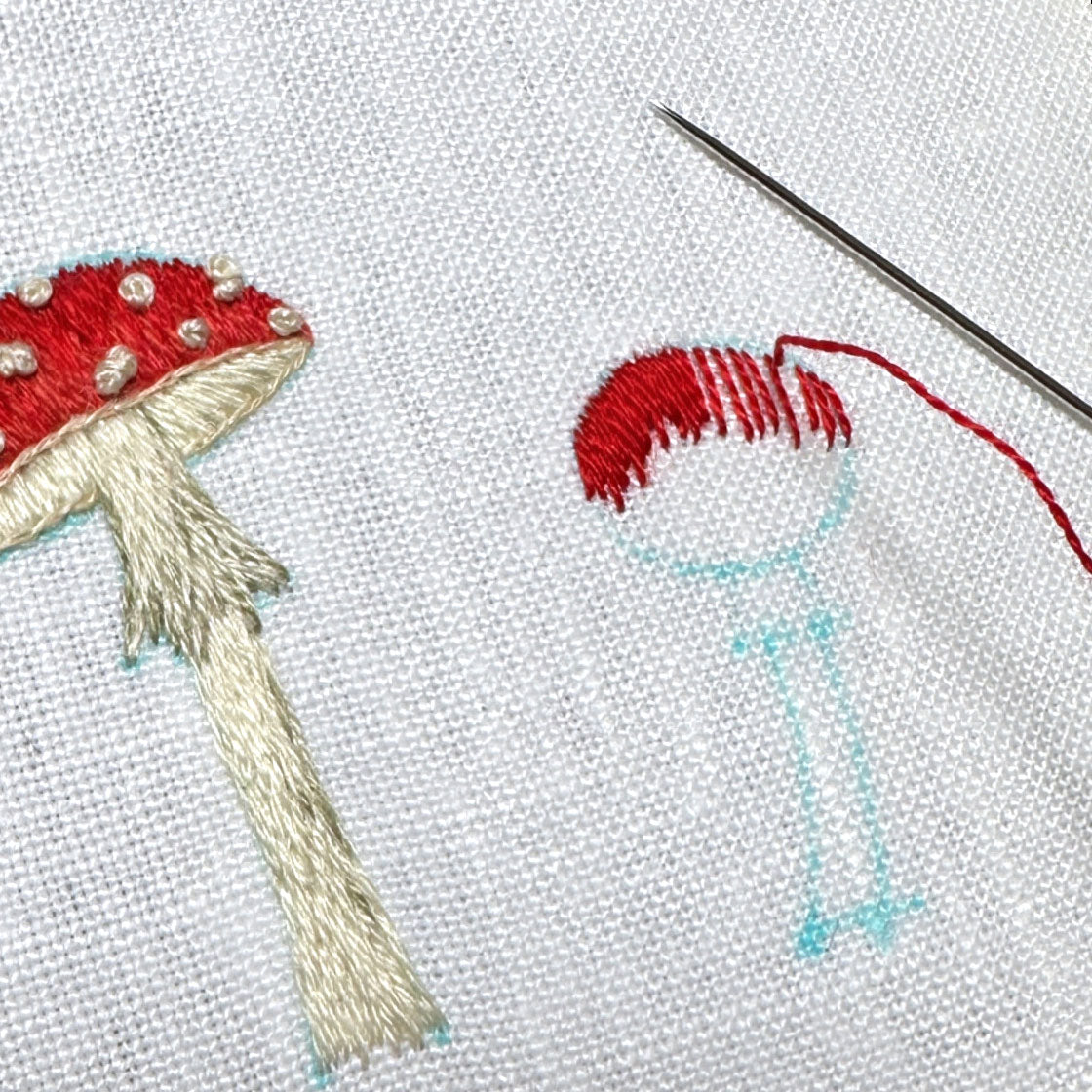 Field of Amanita Mushrooms and Wildflowers (3.00") on White Linen Hand Embroidered Art
