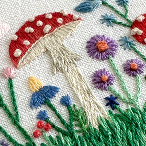 Field of Amanita Mushrooms and Wildflowers (3.00") on White Linen Hand Embroidered Art