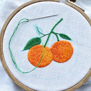 Oranges on the Vine on White Linen Hand Embroidered Art