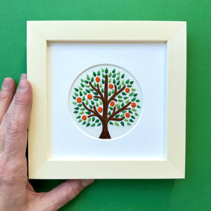 Orange Tree on White Linen Hand Embroidered Art
