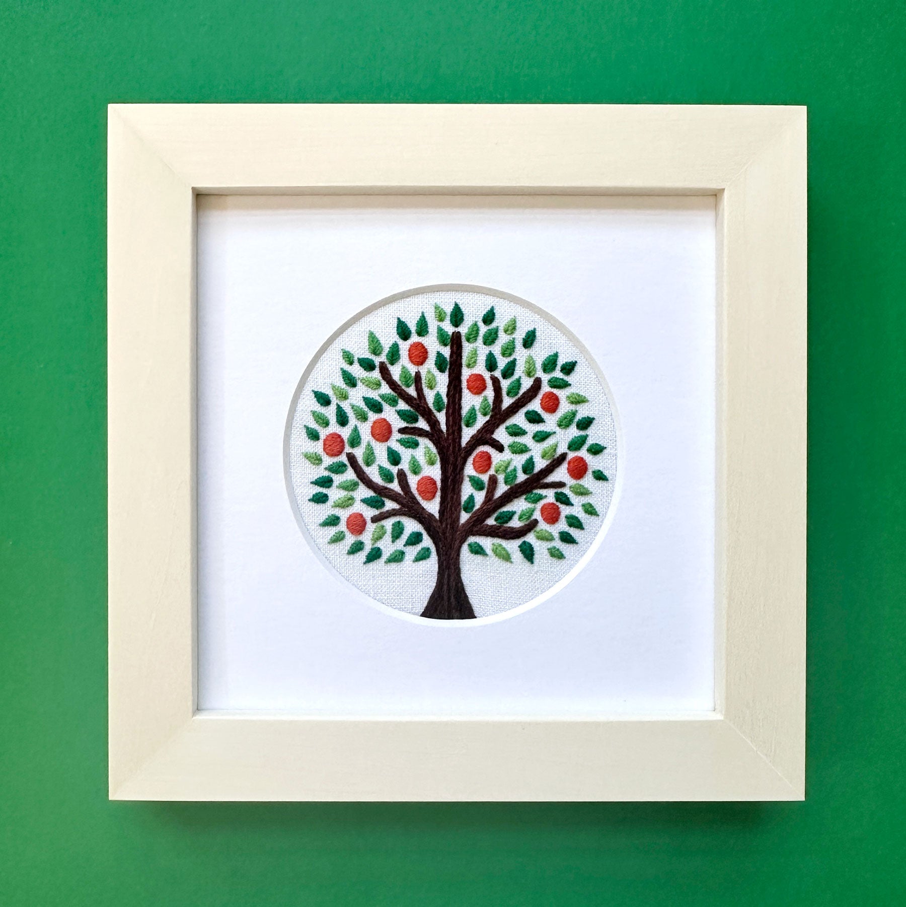 Orange Tree on White Linen Hand Embroidered Art