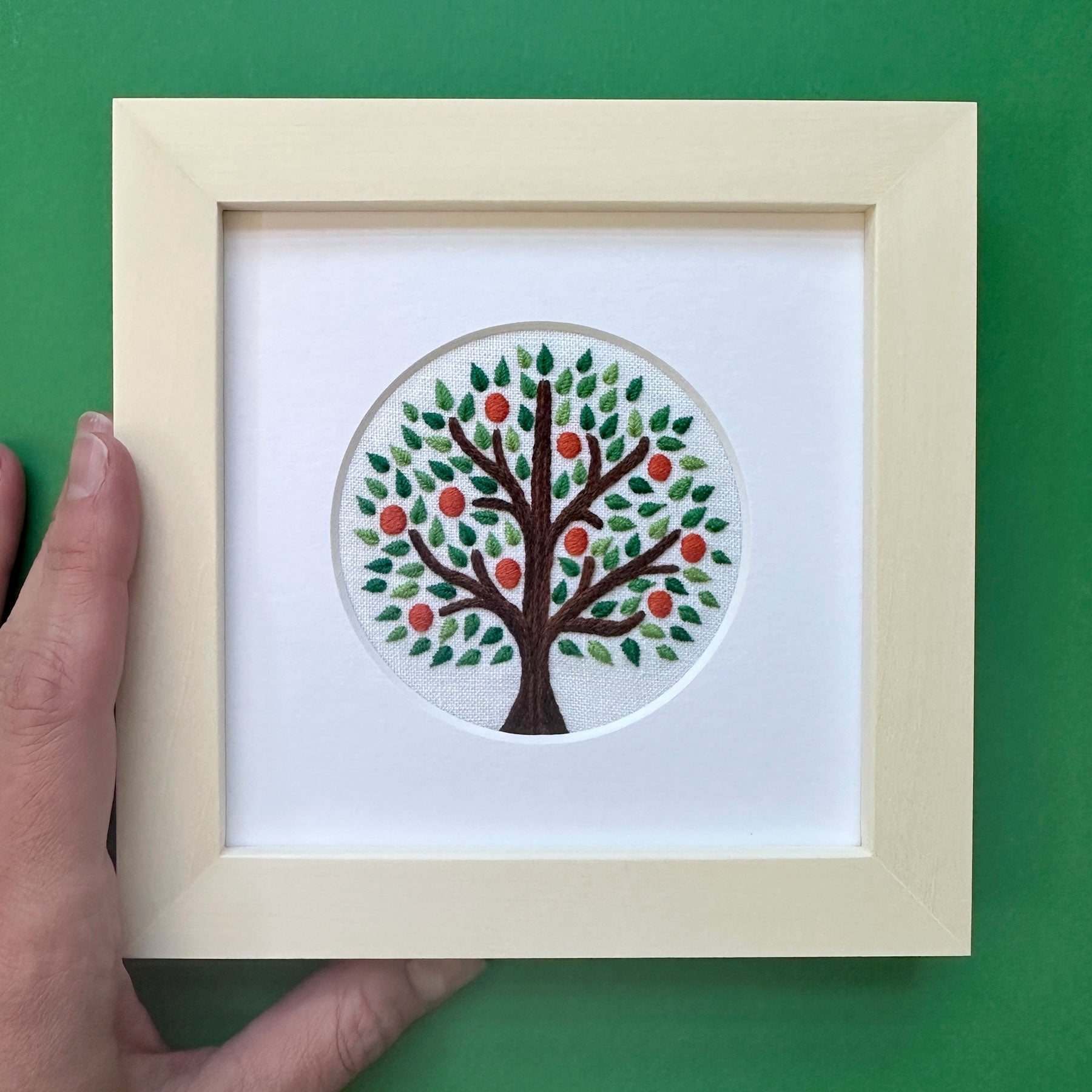 Orange Tree on White Linen Hand Embroidered Art